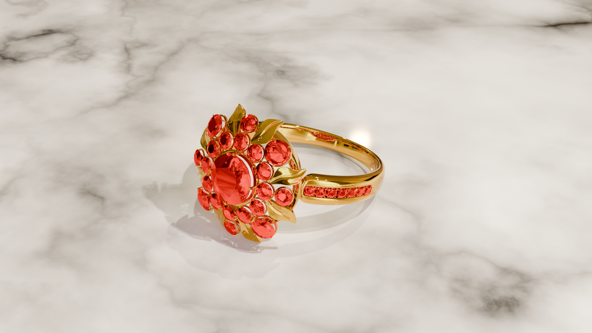 Bague Fleur — Or jaune et pierres rouges